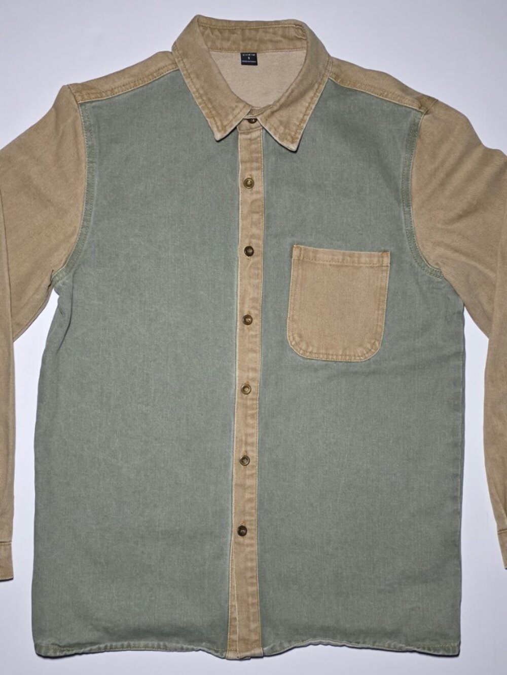 Shein Mens Green and Beige Button Up Long Sleeve Denim Shirt Size Small